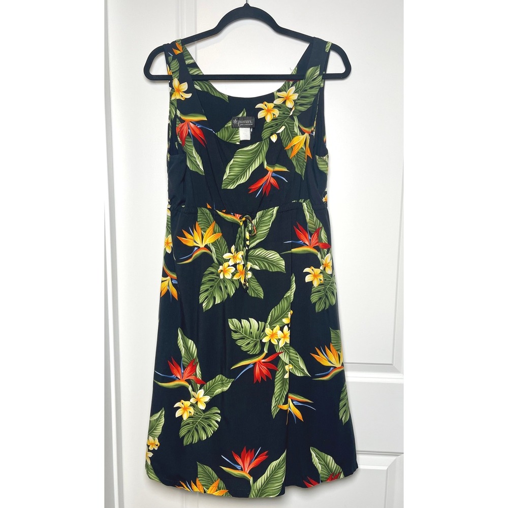 Puanani‎ Hawaiian Tropical Floral Adjustable Drawstring Dress Sleeveless Navy